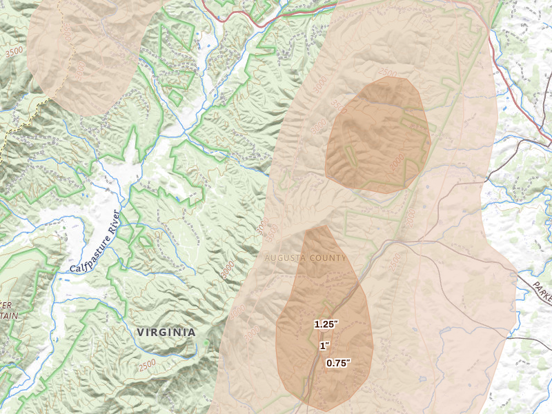 Radar-estimated hail-size map of the storm over West Augusta, VA on Jul 4, 2026