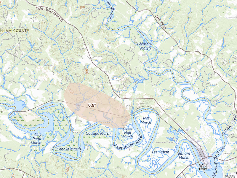 Radar-estimated hail-size map of the storm over West Point, VA on Jul 7, 2026