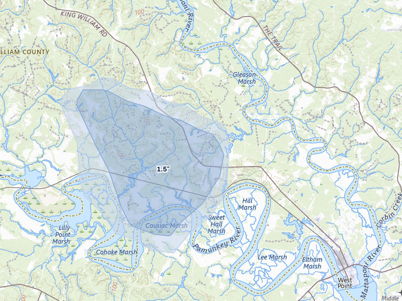 NEXRAD radar-signature map of the hail storm over West Point, VA on Jul 7, 2026