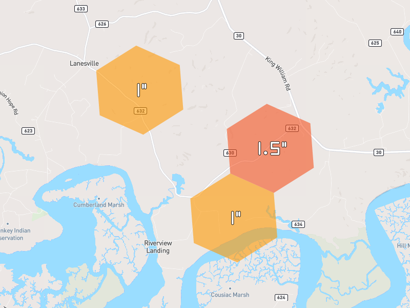 Hail map of West Point, VA on Jul 7, 2026, hail up to 1.5"