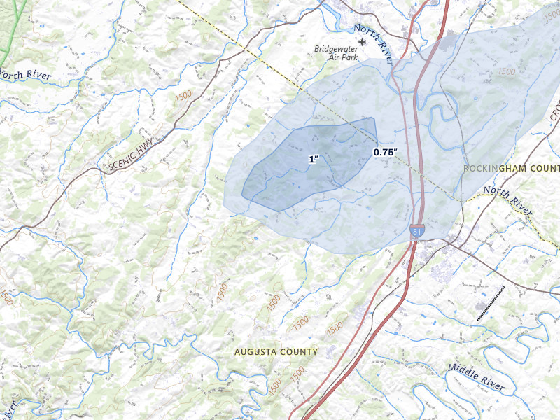NEXRAD radar-signature map of the hail storm over Weyers Cave, VA on Jul 5, 2026