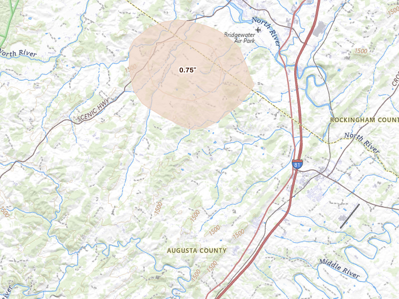 Radar-estimated hail-size map of the storm over Weyers Cave, VA on Sep 2, 2026