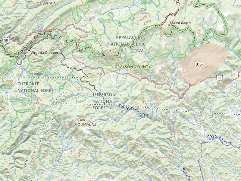 Radar-estimated hail-size map of the storm over Whitetop, VA on Apr 1, 2026