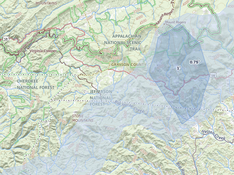 NEXRAD radar-signature map of the hail storm over Whitetop, VA on Apr 1, 2026