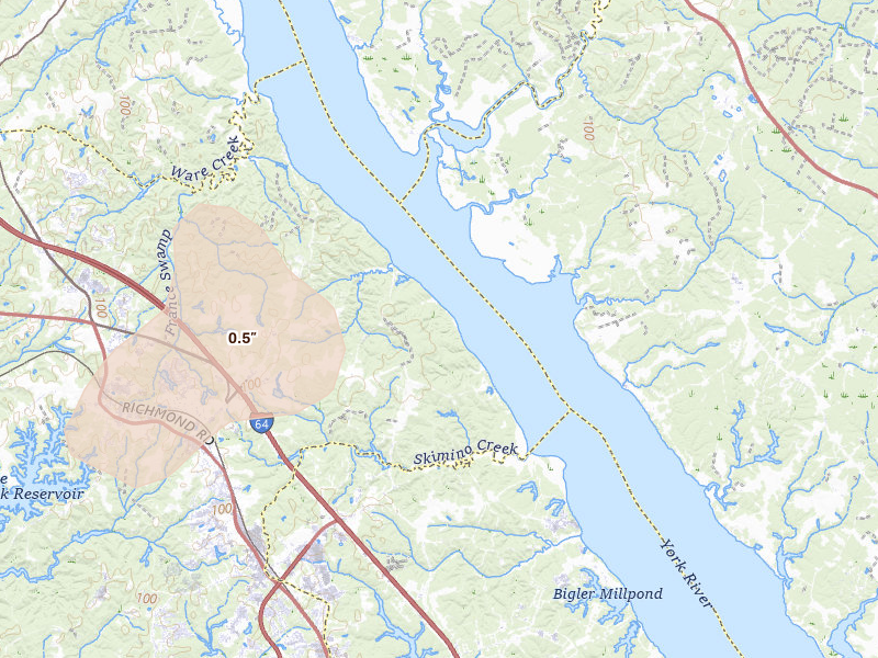 Radar-estimated hail-size map of the storm over Williamsburg, VA on Jul 7, 2026