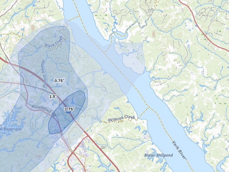 NEXRAD radar-signature map of the hail storm over Williamsburg, VA on Jul 7, 2026