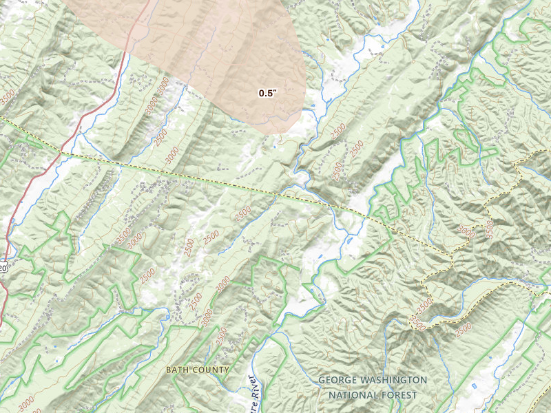 Radar-estimated hail-size map of the storm over Williamsville, VA on Jul 28, 2026
