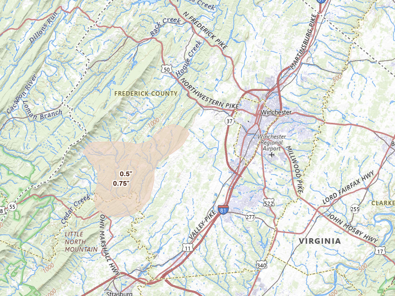 Radar-estimated hail-size map of the storm over Winchester, VA on May 18, 2026