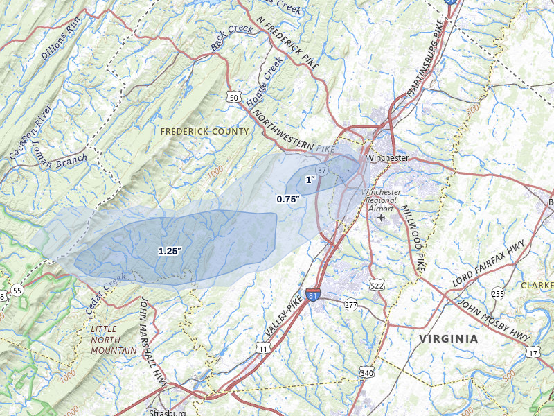 NEXRAD radar-signature map of the hail storm over Winchester, VA on May 18, 2026
