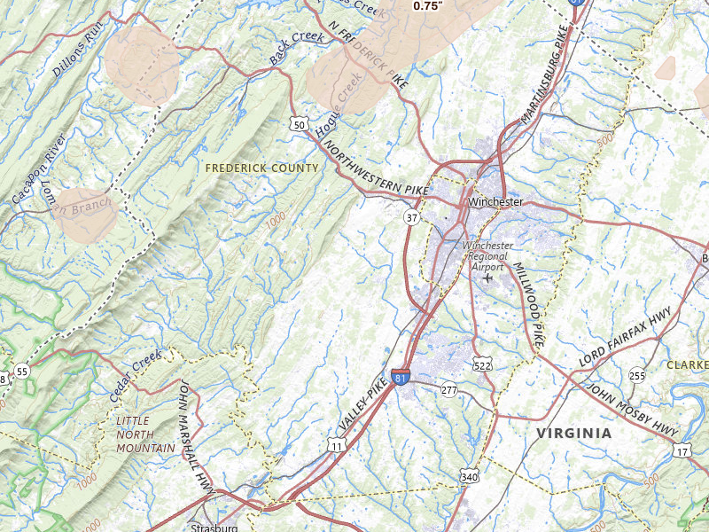 Radar-estimated hail-size map of the storm over Winchester, VA on Jul 4, 2026