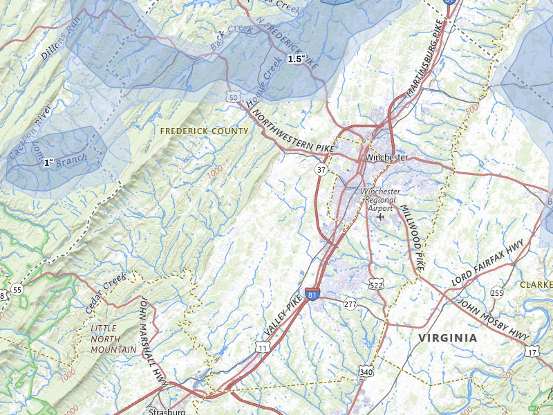 NEXRAD radar-signature map of the hail over Winchester, VA