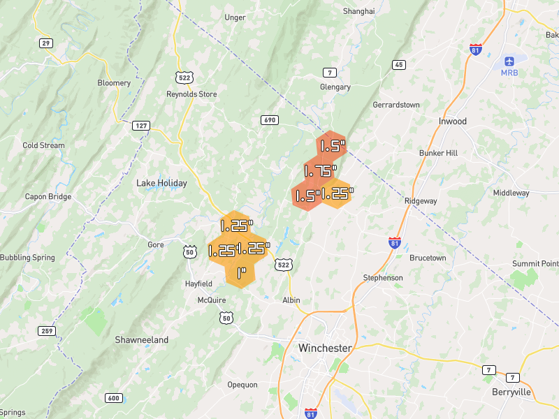 Hail map of Winchester, VA on Jul 4, 2026, hail up to 1.75"