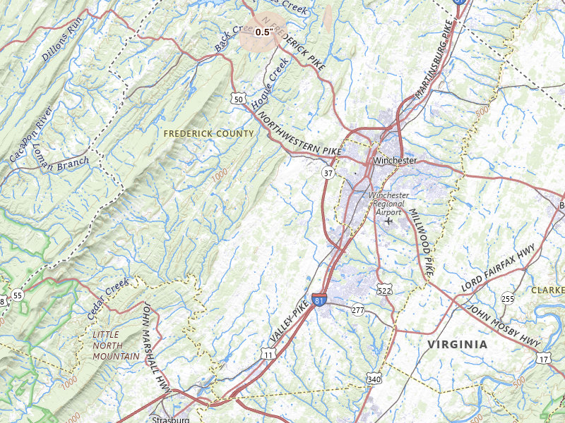 Radar-estimated hail-size map of the storm over Winchester, VA on Jul 18, 2026