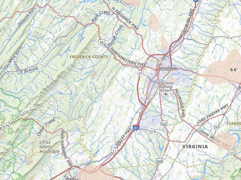 Radar-estimated hail-size map of the storm over Winchester, VA on Jul 28, 2026