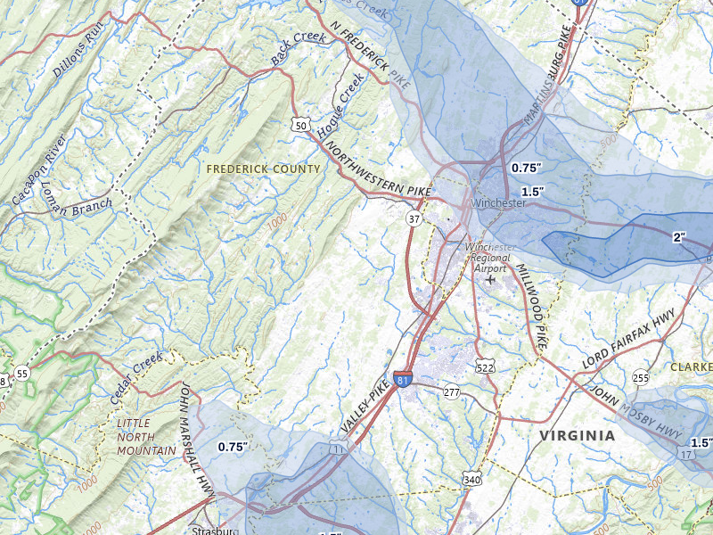 NEXRAD radar-signature map of the hail storm over Winchester, VA on Jul 28, 2026