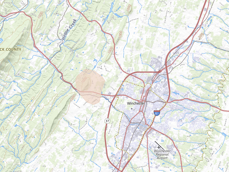 Radar-estimated hail-size map of the storm over Winchester, VA on Aug 8, 2026