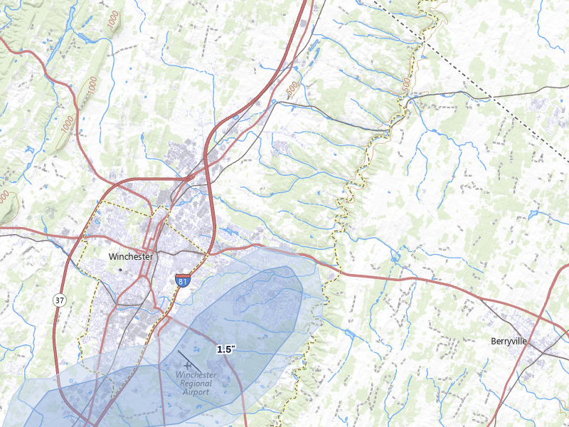 NEXRAD radar-signature map of the hail storm over Winchester, VA on Aug 8, 2026