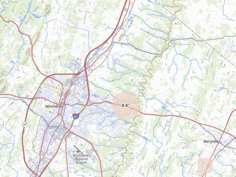 Radar-estimated hail-size map of the storm over Winchester, VA on Sep 3, 2026