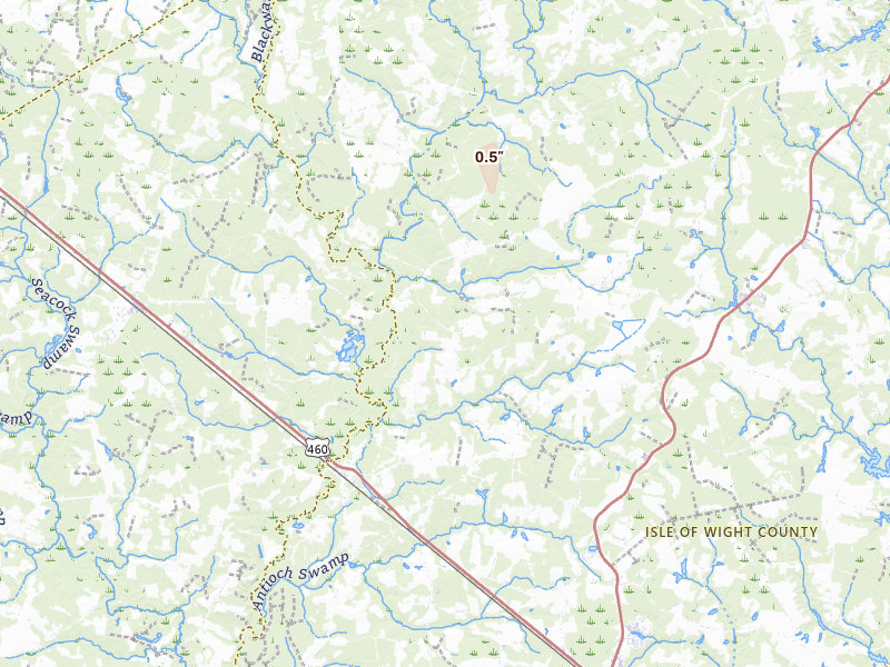 Radar-estimated hail-size map of the storm over Windsor, VA on Aug 20, 2026