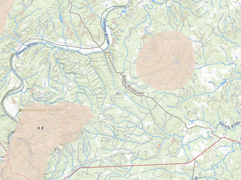 Radar-estimated hail-size map of the storm over Wingina, VA on Jul 4, 2026