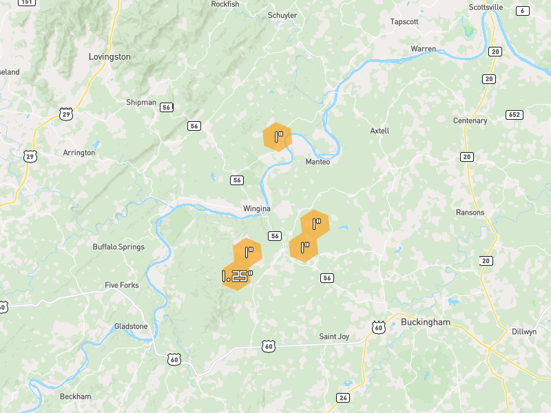 Hail map of Wingina, VA on Jul 4, 2026, hail up to 1.25"