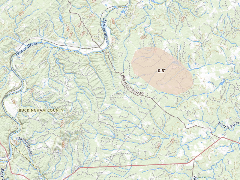Radar-estimated hail-size map of the storm over Wingina, VA on Aug 9, 2026