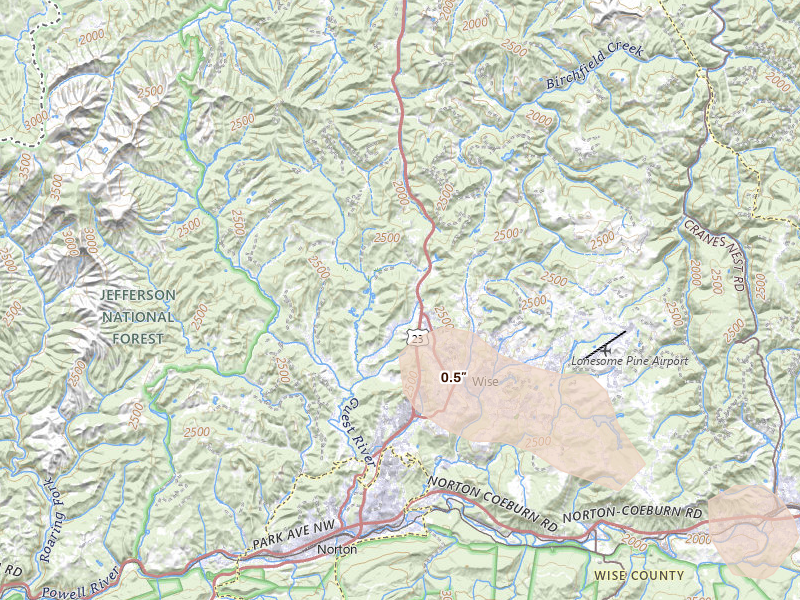 Radar-estimated hail-size map of the storm over Wise, VA on Aug 17, 2026