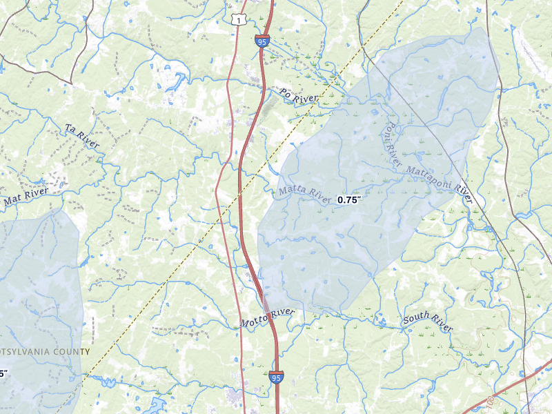 NEXRAD radar-signature map of the hail storm over Woodford, VA on Apr 1, 2026