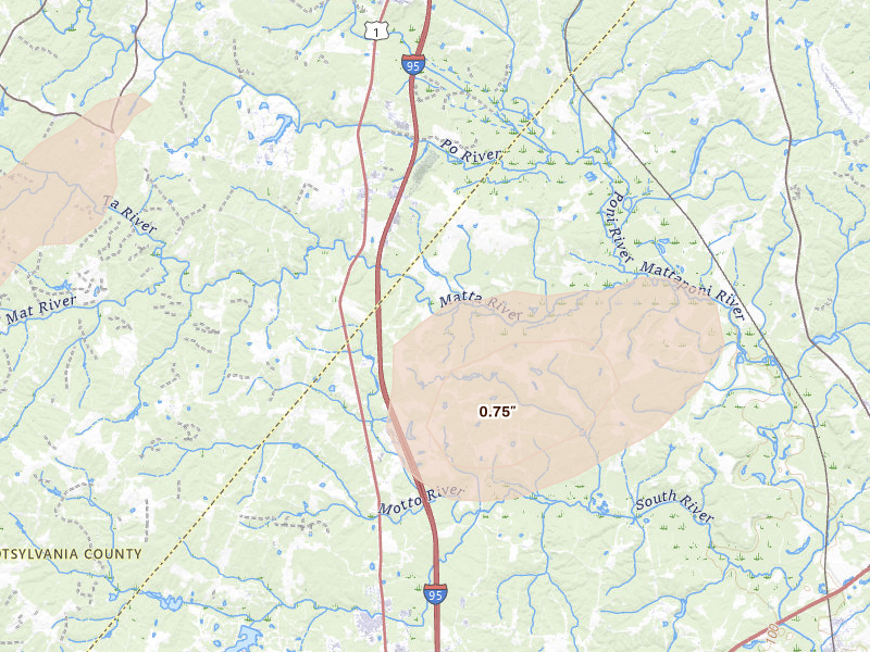 Radar-estimated hail-size map of the storm over Woodford, VA on Jun 14, 2026