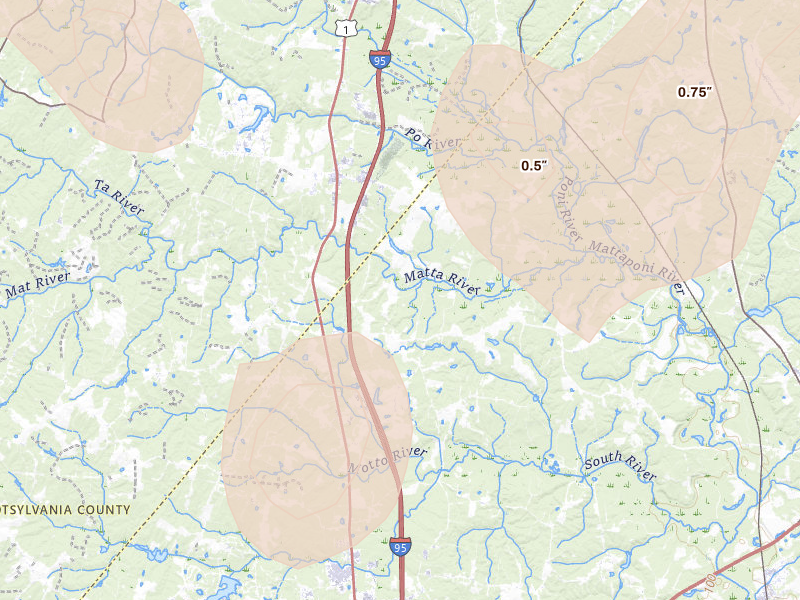 Radar-estimated hail-size map of the storm over Woodford, VA on Jul 4, 2026