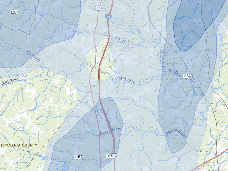 NEXRAD radar-signature map of the hail over Woodford, VA