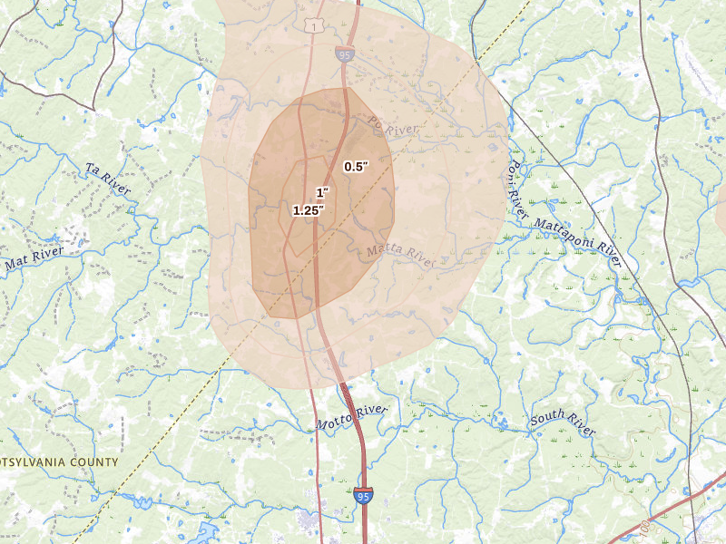 Radar-estimated hail-size map of the storm over Woodford, VA on Jul 5, 2026