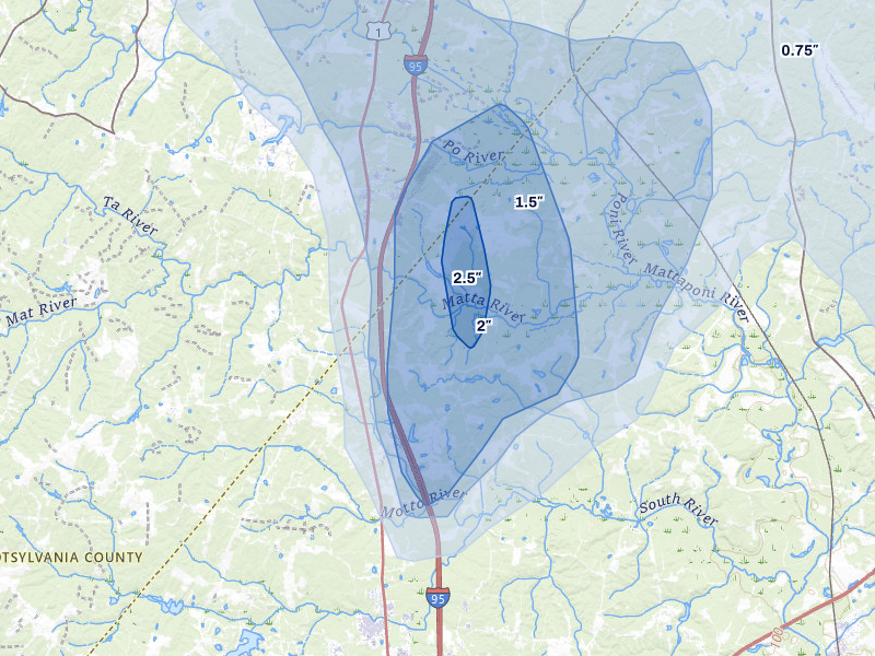 NEXRAD radar-signature map of the hail storm over Woodford, VA on Jul 5, 2026