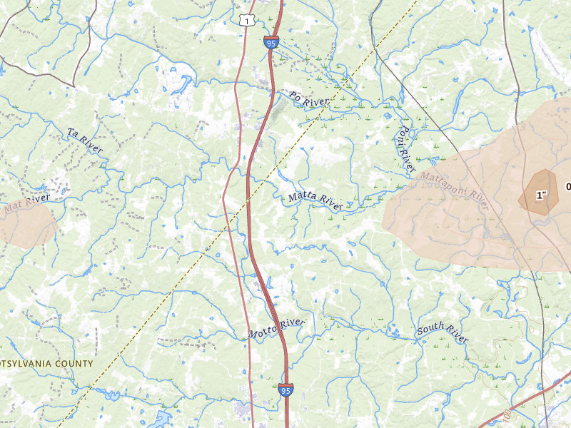 Radar-estimated hail-size map of the storm over Woodford, VA on Jul 18, 2026