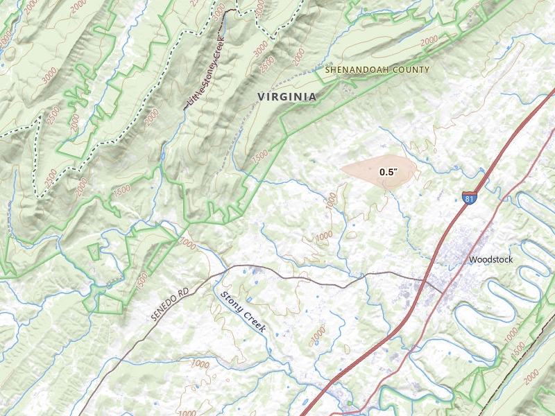 Radar-estimated hail-size map of the storm over Woodstock, VA on Jun 12, 2026