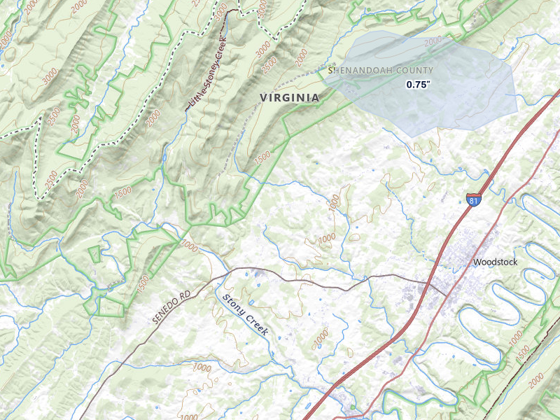 NEXRAD radar-signature map of the hail storm over Woodstock, VA on Jul 5, 2026