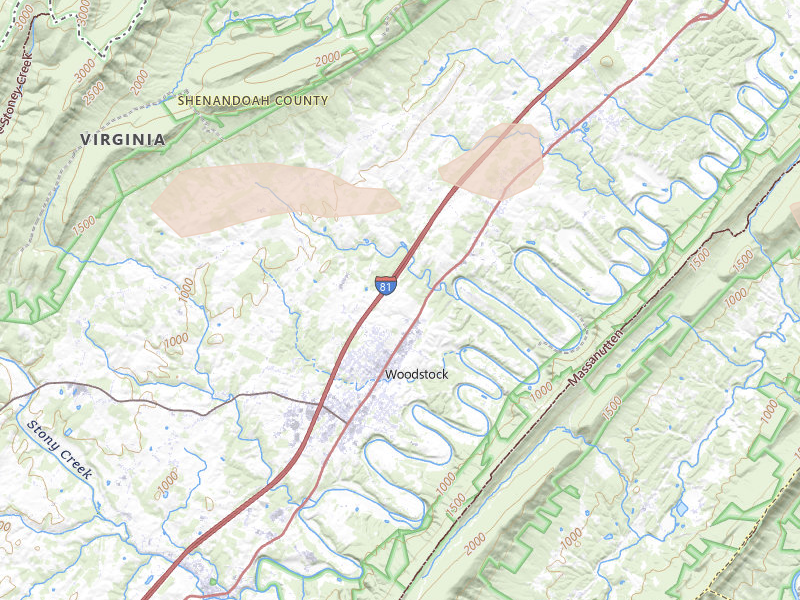 Radar-estimated hail-size map of the storm over Woodstock, VA on Aug 27, 2026