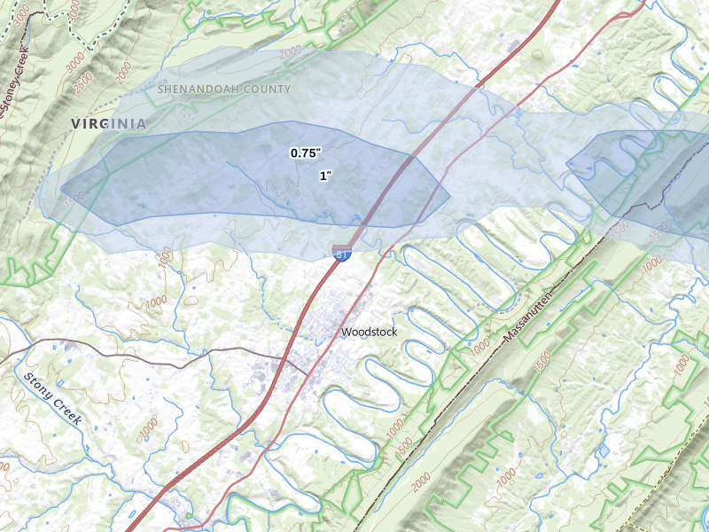 NEXRAD radar-signature map of the hail storm over Woodstock, VA on Aug 27, 2026