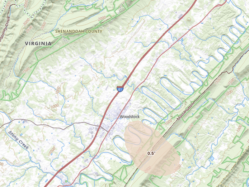 Radar-estimated hail-size map of the storm over Woodstock, VA