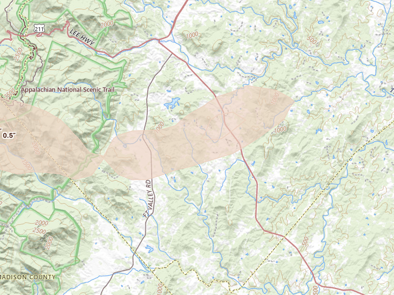 Radar-estimated hail-size map of the storm over Woodville, VA on Jun 22, 2026