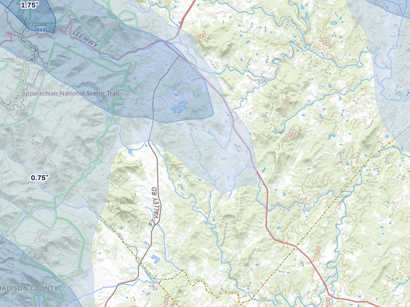 NEXRAD radar-signature map of the hail storm over Woodville, VA on Jul 28, 2026