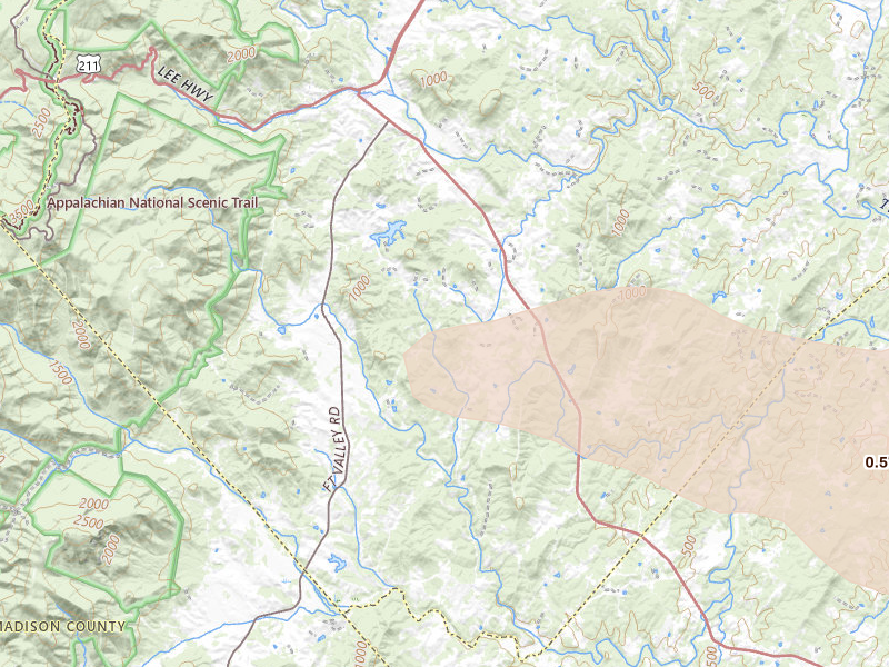 Radar-estimated hail-size map of the storm over Woodville, VA on Aug 8, 2026