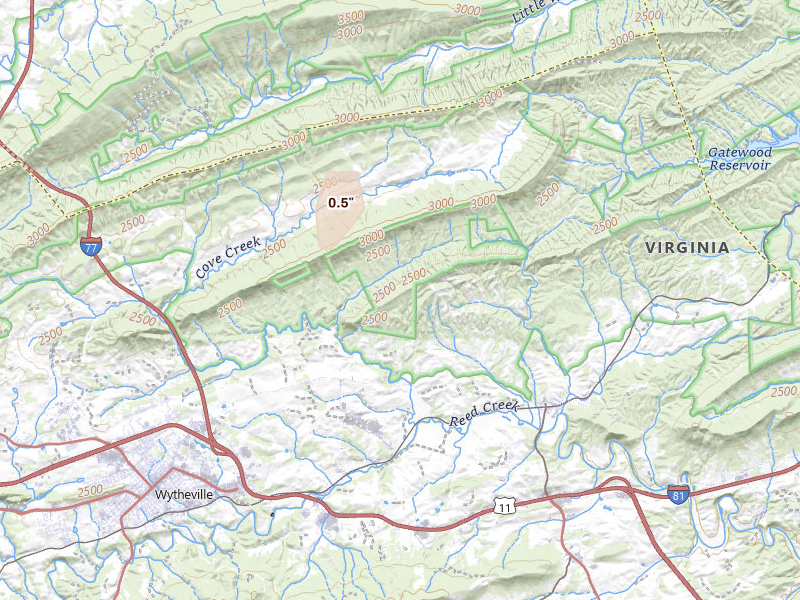 Radar-estimated hail-size map of the storm over Wytheville, VA on Jun 30, 2026