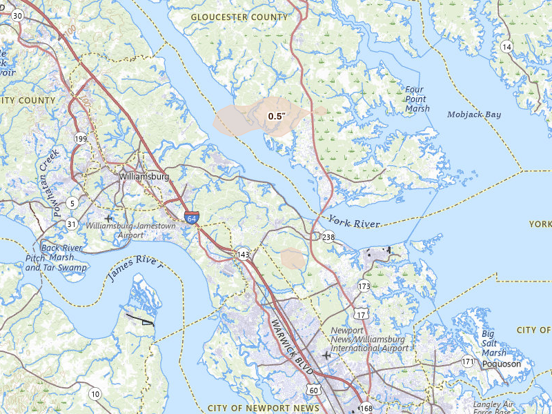 Radar-estimated hail-size map of the storm over Yorktown, VA on Jun 22, 2026