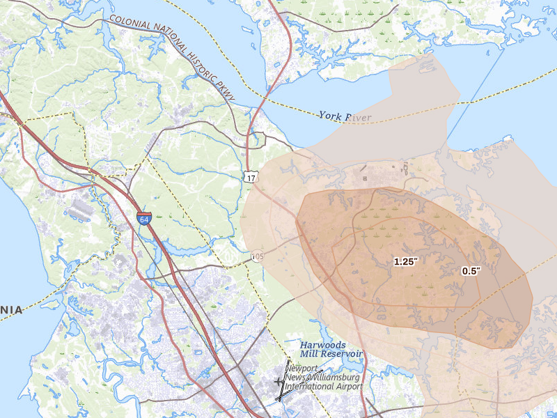 Radar-estimated hail-size map of the storm over Yorktown, VA on Aug 10, 2026