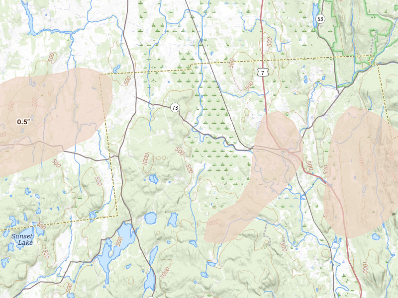 Radar-estimated hail-size map of the storm over Brandon, VT on Jun 6, 2026