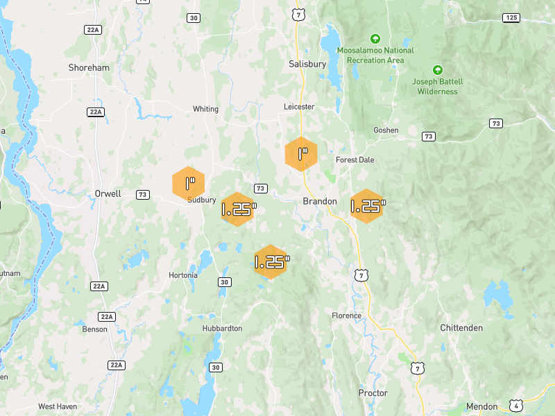 Hail map of Brandon, VT on Jun 6, 2026, hail up to 1.25"