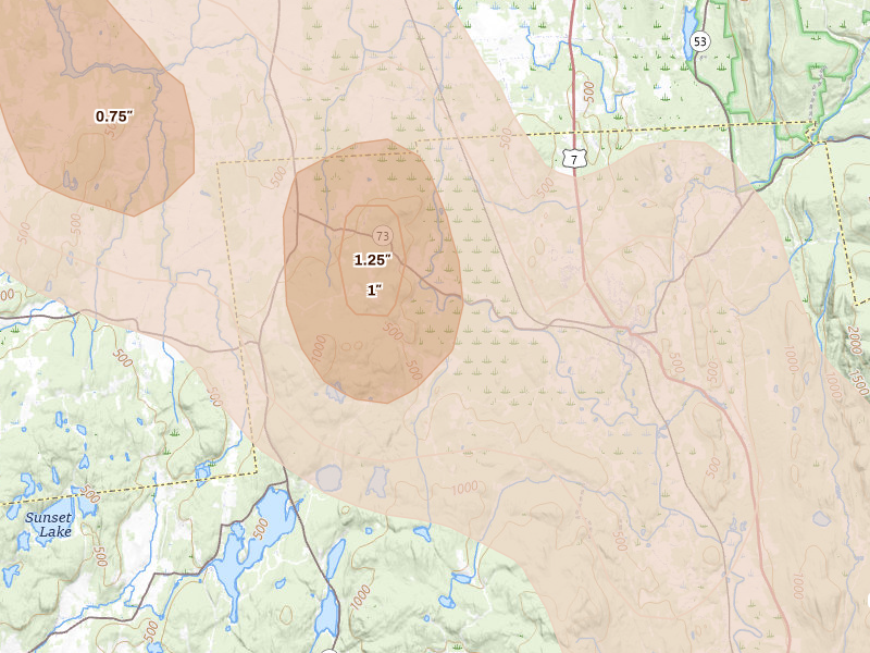 Radar-estimated hail-size map of the storm over Brandon, VT on Jul 14, 2026