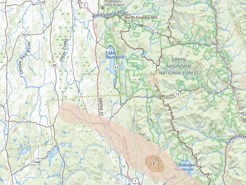 Radar-estimated hail size over Brandon, VT on Aug 12, 2026