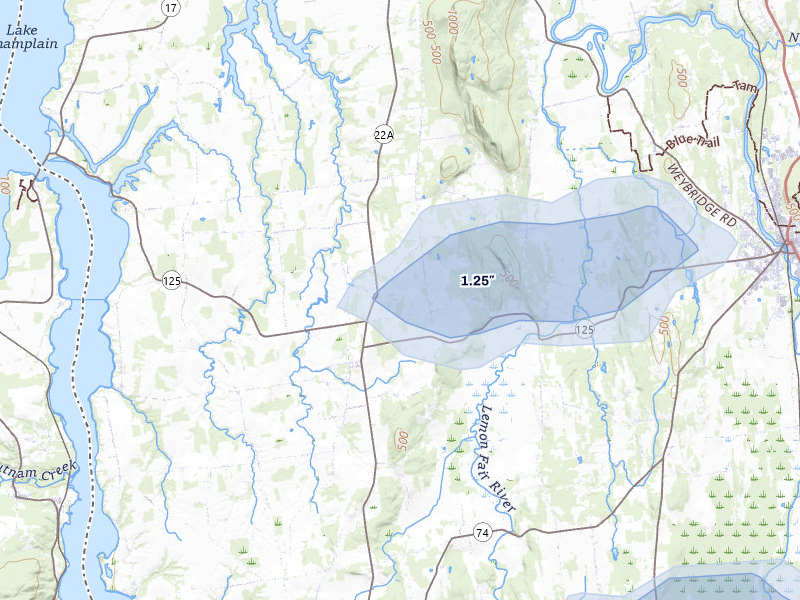 NEXRAD radar-signature map of the hail storm over Bridport, VT on Jul 1, 2026
